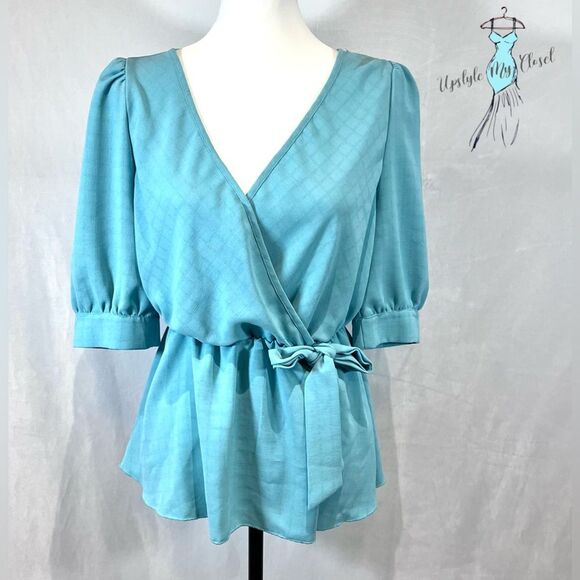 Tops - Aqua sky blue faux wrap peplum top size medium